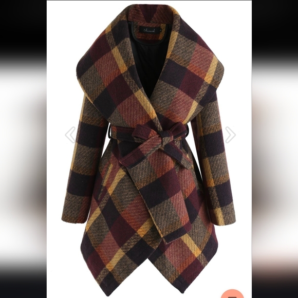 Chicwish Jackets & Blazers - Chicwish Prairie Rabato Wrap Coat with Belt Wool Burgundy & Mustard Plaid